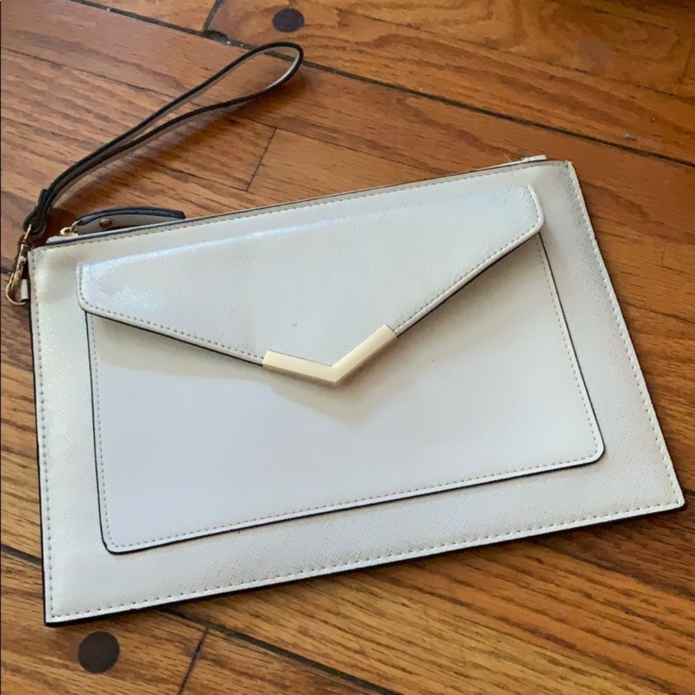 White iridescent envelope clutch with wrist strap